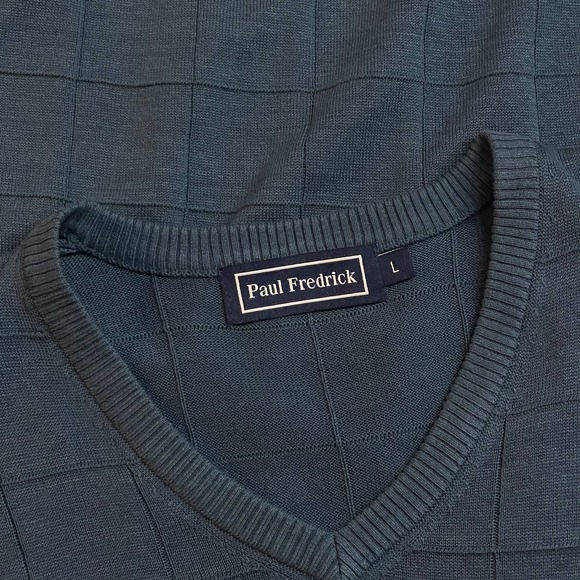 Paul Fredrick Sweater Vest Mens Large Blue Windowpane Silk Sleeveless - Picture 3 of 9